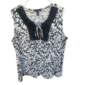 French Laundry Tank Top Womens Plus Size 2X Black White Floral Boho Crochet Bead